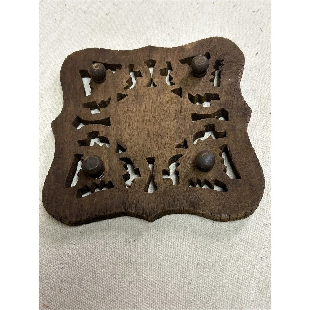 Vintage Hand Carved Wooden Trivet W/ Intricate Cutout Design Floral Centerpiece